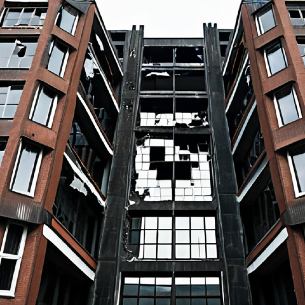 A dystopian corporate building in a major Dutch city, subtly damaged and crumbling. Cracks emanate from a central, abstract symbol of a broken AI algorithm, signifying financial ruin and shattered trust. The scene is dark and ominous, reflecting the hidden costs of unchecked AI bias, with subtle elements of traditional Dutch architecture.