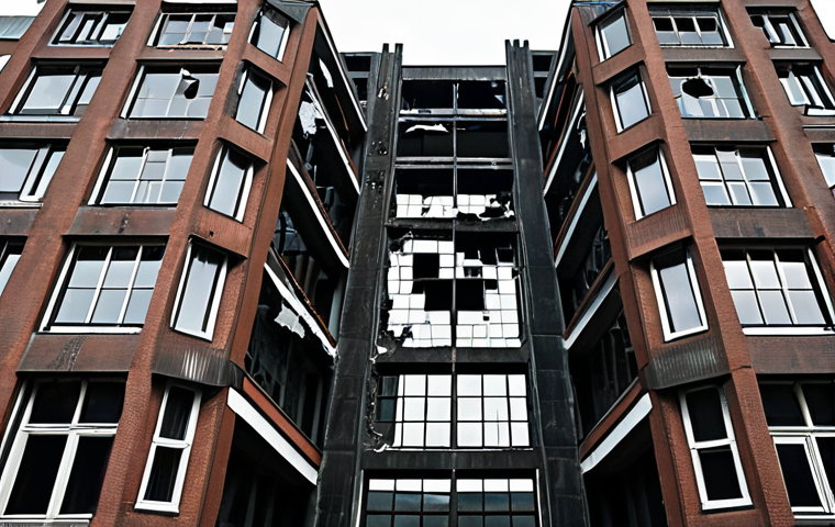 A dystopian corporate building in a major Dutch city, subtly damaged and crumbling. Cracks emanate from a central, abstract symbol of a broken AI algorithm, signifying financial ruin and shattered trust. The scene is dark and ominous, reflecting the hidden costs of unchecked AI bias, with subtle elements of traditional Dutch architecture.