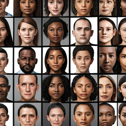Home 18 **Diverse faces with algorithms overlaid, highlighting facial recognition disparities. Showcasing bias in technology affecting various ethnicities.**