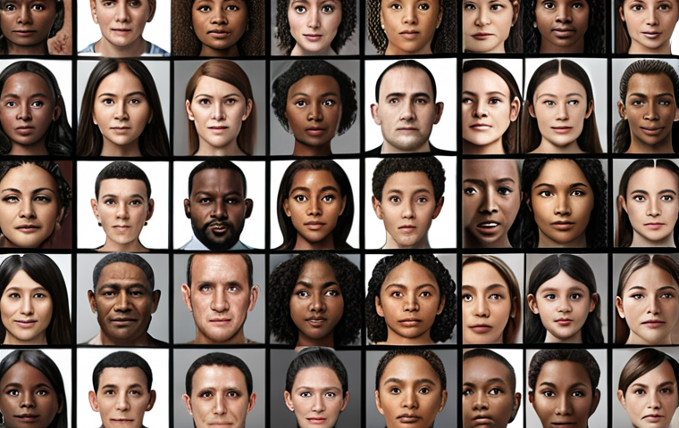 **Diverse faces with algorithms overlaid, highlighting facial recognition disparities. Showcasing bias in technology affecting various ethnicities.**