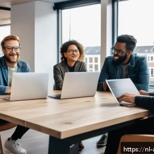 Home 17 공정한 AI를 위한 바이어스 완화 방법 - A diverse team of AI developers in a modern Amsterdam office, collaborating around a table with lapt...