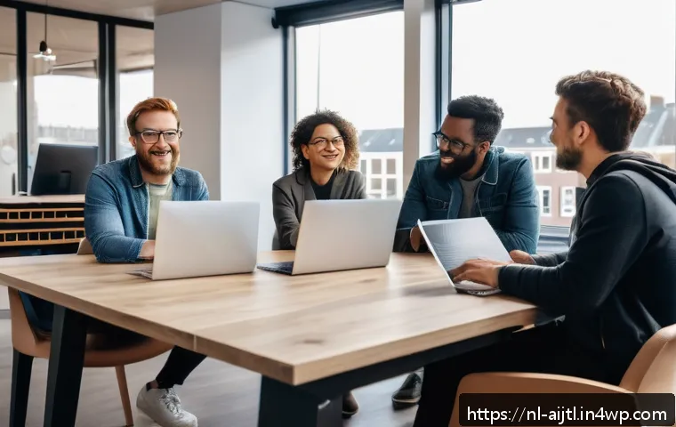 공정한 AI를 위한 바이어스 완화 방법 - A diverse team of AI developers in a modern Amsterdam office, collaborating around a table with lapt...